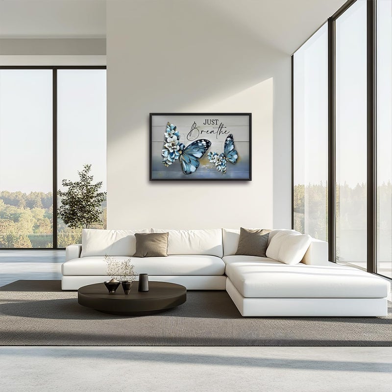 Lovira Blue Butterfly Large Wall Art Just Breathe Canvas Wall Decor Pictures Prints Painting Framed Artwork for Living Room Bedroom Bathroom Kitchen Office 24"x36" - Image 2